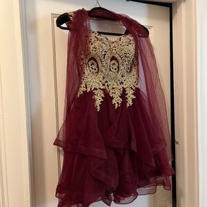 Gold Lace Overlay and Wine Tulle A Line Cocktail Dress